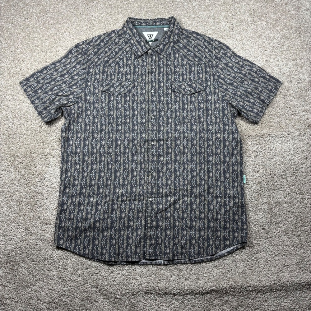Vissla‎ Mens Large Pearl Snap Linen Blend Short Sleeve Shirt Paisley Stripe Gray